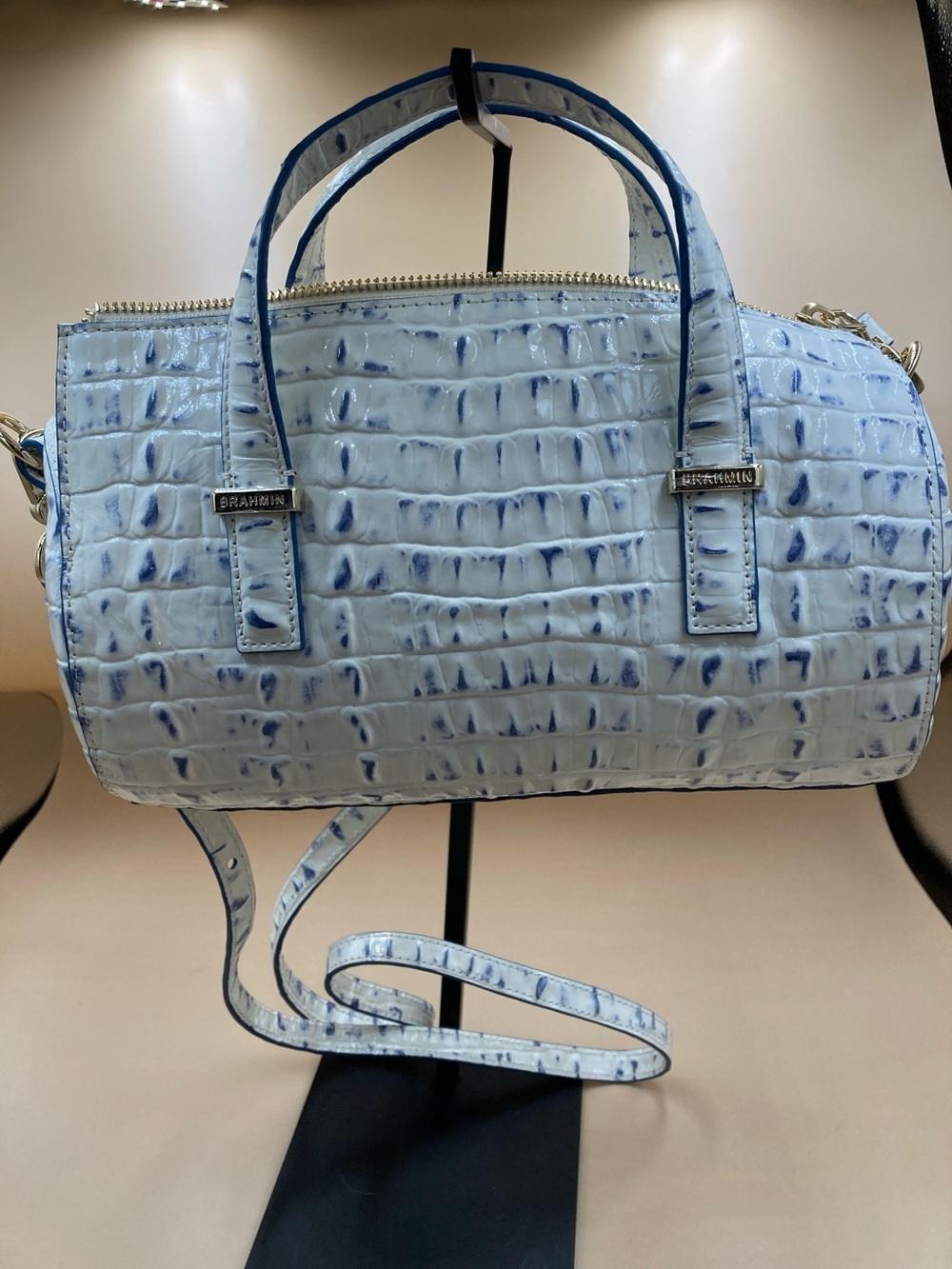 Brahmin Light Blue Croc-Embossed Barrel Crossbody